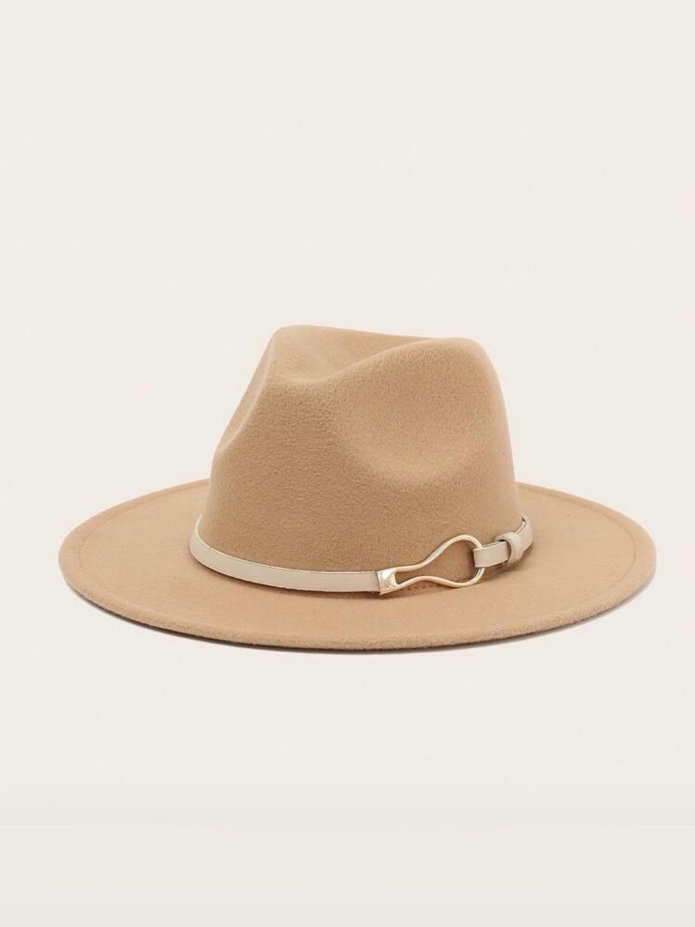 Chic Tan Felt Wide Brim Fedora Hat with Gold Buckle Band